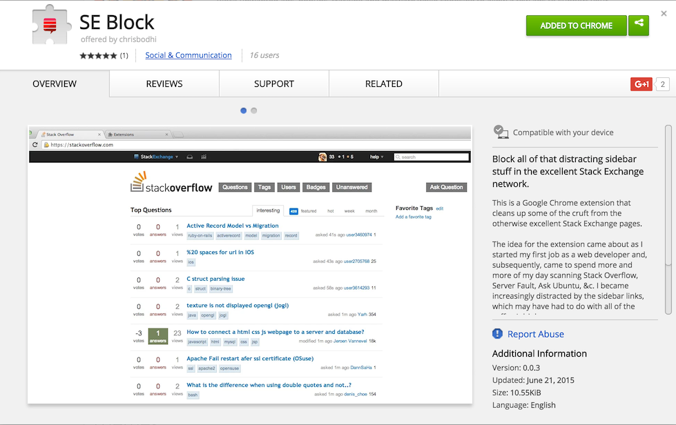 Screenshot of SE Block in Chrome Store